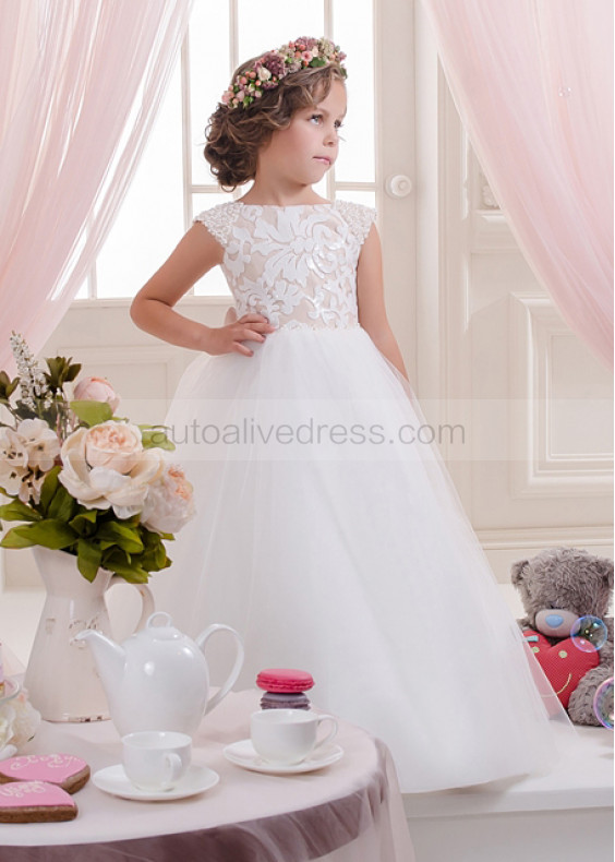 Cap Sleeves Tulle Pearl Beaded Flower Girl Dress